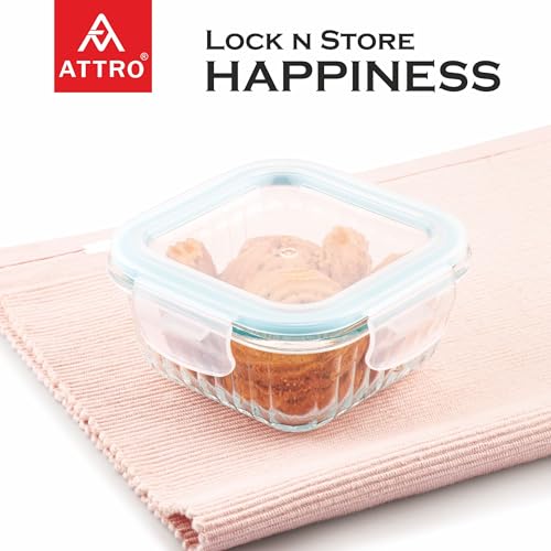 ATTRO Glassox Borosilicate Classic lid Striped Finish Container with Airtight Snap Lock Lid Leakproof, BPA-Free for Meal Prep & Refrigerator Storage,Kitchen Use,Square-Set Of 3-310ml-Transparent - Image 2