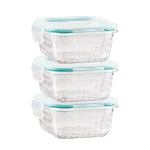 ATTRO Glassox Borosilicate Classic lid Striped Finish Container with Airtight Snap Lock Lid Leakproof, BPA-Free for Meal Prep & Refrigerator Storage,Kitchen Use,Square-Set Of 3-310ml-Transparent - Image 1