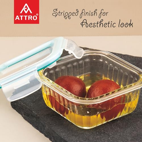 ATTRO Glassox Borosilicate Classic lid Striped Finish Container with Airtight Snap Lock Lid Leakproof, BPA-Free for Meal Prep & Refrigerator Storage,Kitchen Use,Square-Set Of 3-310ml-Transparent - Image 3