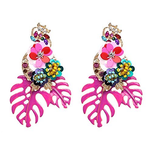 Lureme Gorgeous Colorful Sequin Flower Floral Leaf Stud Earrings(er006023) (Fushia) - Image 1
