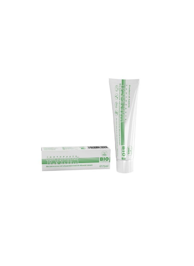 Tasnim - Tasnim Organic Toothpaste - 75 ml with Miswak Extract & Organic Black Cumin Oil, 100% Natural, No Fluoride, No PEG and SLS, GMO Free, Gluten-Free, Alcohol-Free - Image 1