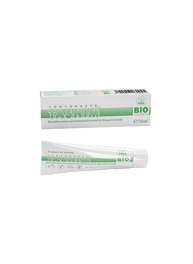 Tasnim - Tasnim Organic Toothpaste - 75 ml with Miswak Extract & Organic Black Cumin Oil, 100% Natural, No Fluoride, No PEG and SLS, GMO Free, Gluten-Free, Alcohol-Free - Image 1