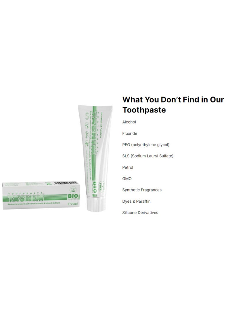 Tasnim - Tasnim Organic Toothpaste - 75 ml with Miswak Extract & Organic Black Cumin Oil, 100% Natural, No Fluoride, No PEG and SLS, GMO Free, Gluten-Free, Alcohol-Free - Image 1