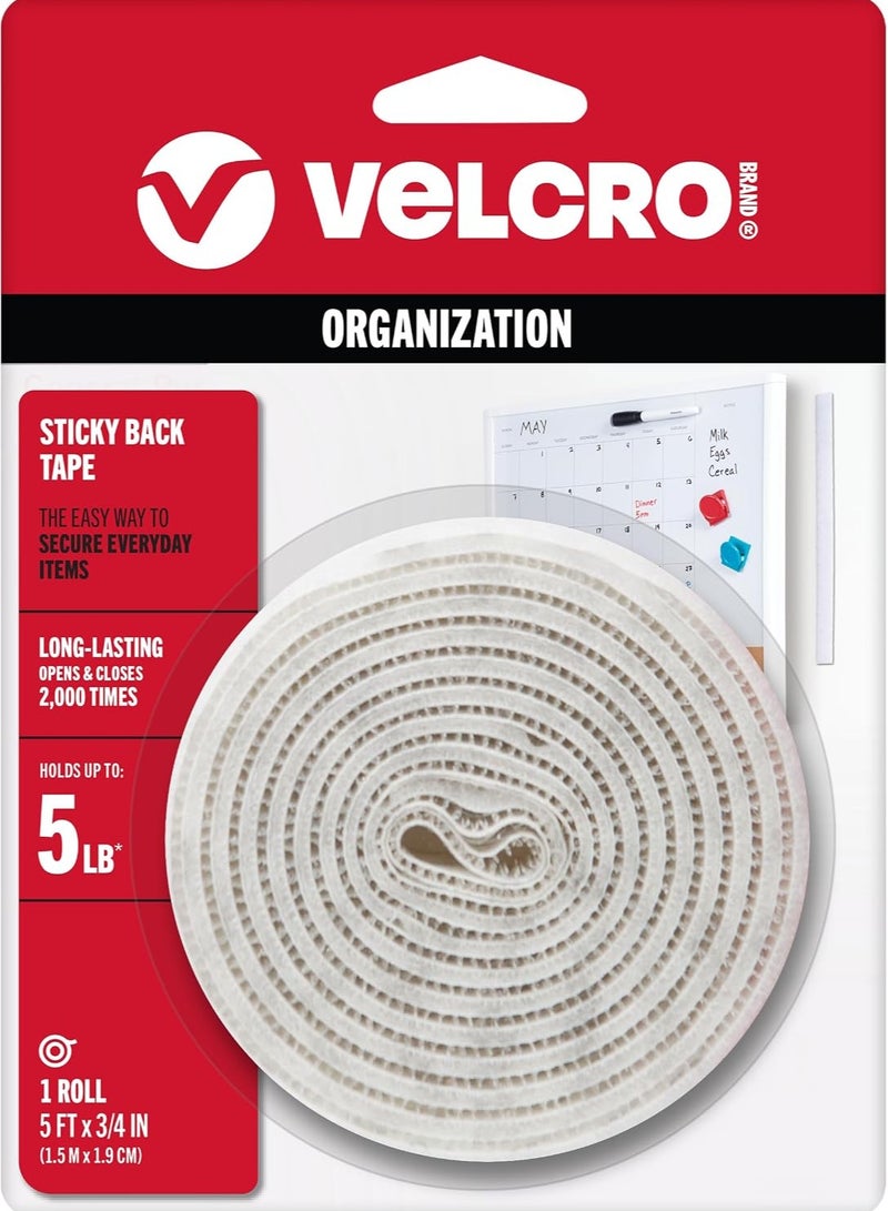Velcro Sticky Back Tape Roll, 5 ft x 3/4 in / 1.5 m x 1.9 cm, White Reclosable Reusable Fastener for Home Organization, Secures Everyday Items, Holds up to 5 lb - Image 1