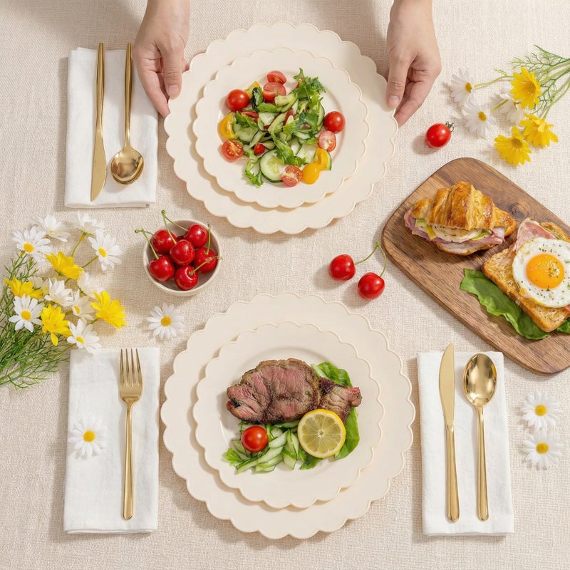 supernal 100pcs Ivory Plastic Plates Fancy Disposable Scalloped Plates for Party Heavy Duty for Party,Wedding,Brthdays Bridal Shower Plate Include 50 Plastic Dinner & Dessert Plate - Image 3
