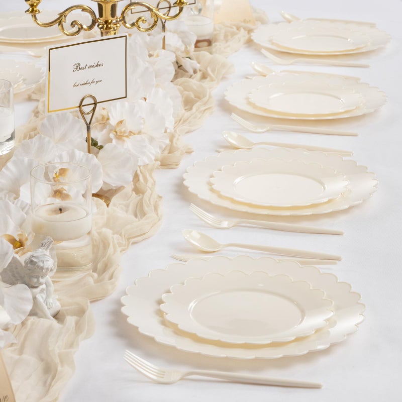 supernal 100pcs Ivory Plastic Plates Fancy Disposable Scalloped Plates for Party Heavy Duty for Party,Wedding,Brthdays Bridal Shower Plate Include 50 Plastic Dinner & Dessert Plate - Image 5