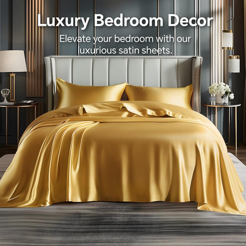 BEDELITE Satin Sheets Full Size Bed Set, Luxury Soft Gold Silky Sheets for Hair and Skin, Similar to Silk Bed Sheets Set 4 Pieces with 1 Deep Pocket Fitted Sheet, 1 Flat Sheet, and 2 Pillowcases - Image 2