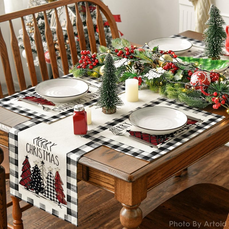 Artoid Mode Waterclor Buffalo Plaid Christmas Trees Placemats Set of 12  12x18 Inch Winter Table Mats for Outdoor Home Party Kitchen Dining Decor - Image 4