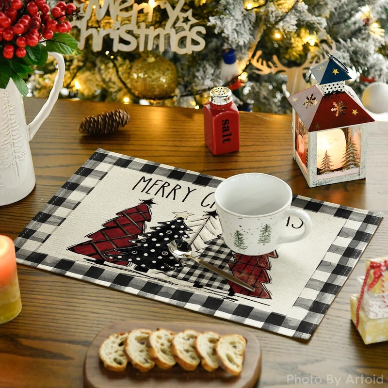 Artoid Mode Waterclor Buffalo Plaid Christmas Trees Placemats Set of 12  12x18 Inch Winter Table Mats for Outdoor Home Party Kitchen Dining Decor - Image 2