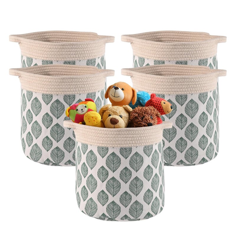 Kuber Industries Pack of 5 Foldable Washing ClothesStorage Basket with Handles Used Clothes Storage Bag Laundry Hamper for Dirty Clothes Toys GM22WHT Leaves Print White - Image 1