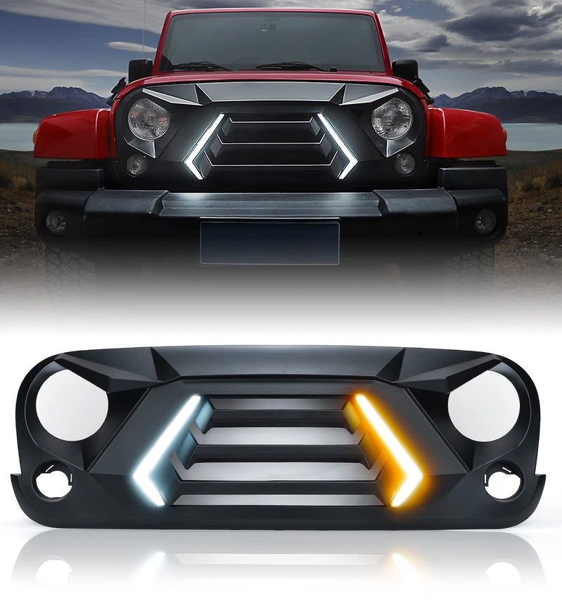 Xprite Front Grill with Turn Signals and Daytime Running Light Matte Black Grille Compatible with 20072018 Jeep Wrangler JK JKUPatent Design