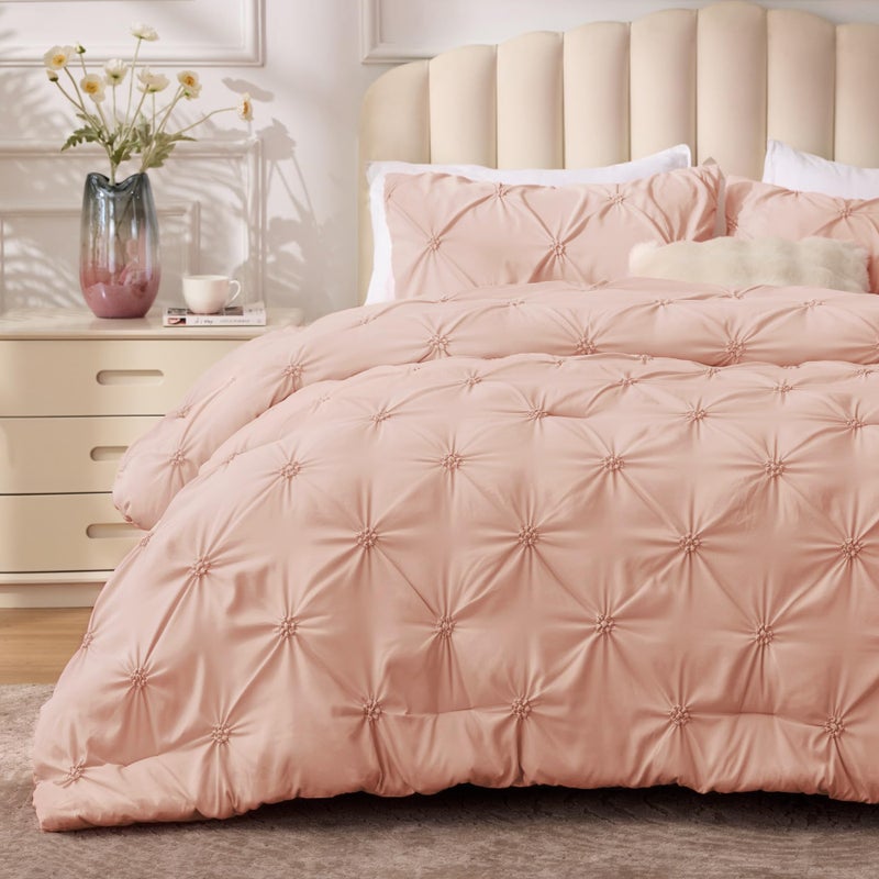 BEDELITE Dusty Pink Queen Comforter Set - 3 Pieces Boho Pintuck Bedding Comforter Sets, Lightweight Soft & Warm Bed Comforter Queen with 2 Pillowcases for All Season - Image 1