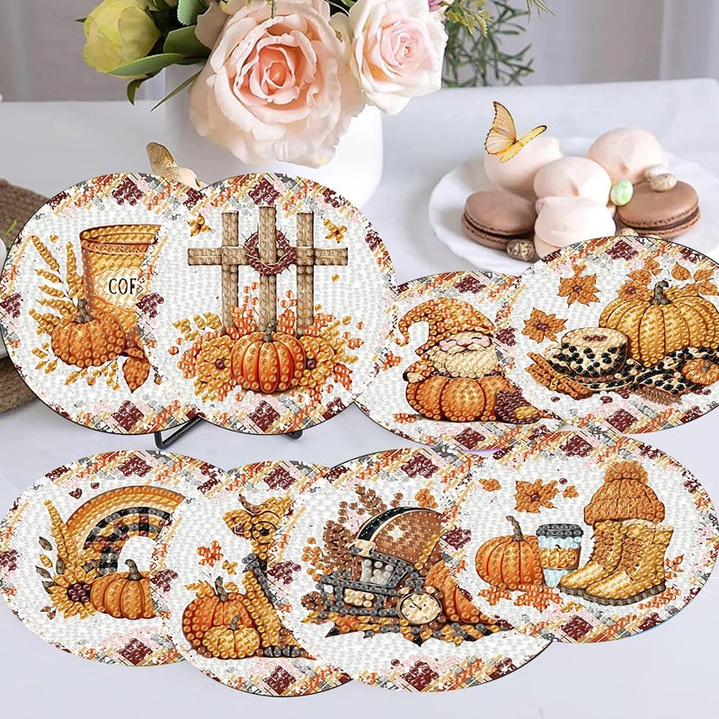 Meothan Fall Diamond Art Coasters Kits, 8 Pcs Autumn Theme Diamond Painting Dots Coasters Kits Crafts for Aldults with Holder Anti-Slip Mat - Image 2