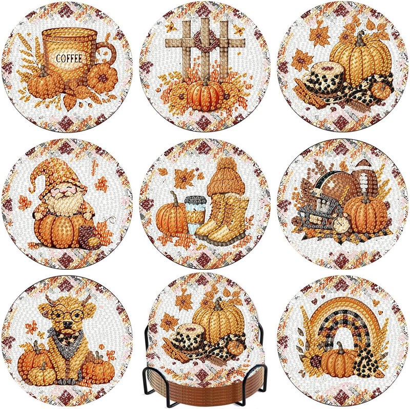 Meothan Fall Diamond Art Coasters Kits, 8 Pcs Autumn Theme Diamond Painting Dots Coasters Kits Crafts for Aldults with Holder Anti-Slip Mat - Image 1
