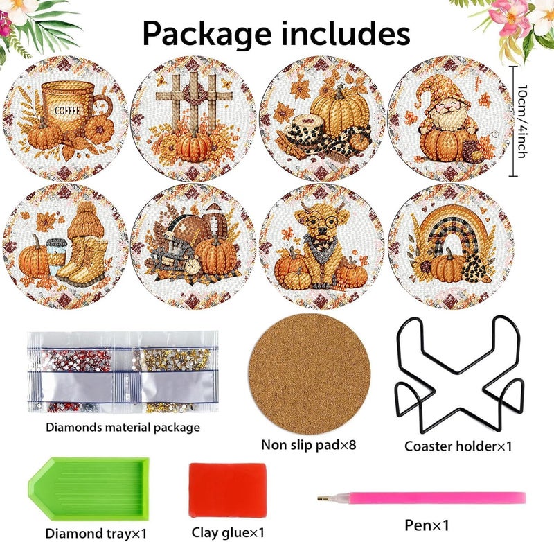 Meothan Fall Diamond Art Coasters Kits, 8 Pcs Autumn Theme Diamond Painting Dots Coasters Kits Crafts for Aldults with Holder Anti-Slip Mat - Image 3