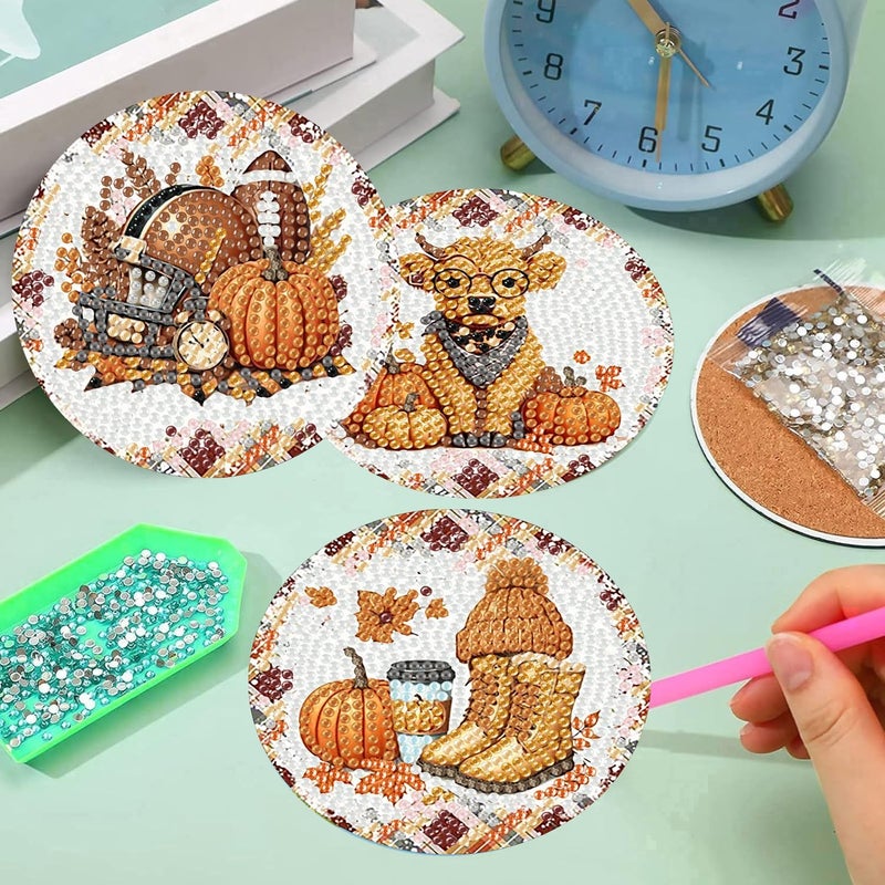 Meothan Fall Diamond Art Coasters Kits, 8 Pcs Autumn Theme Diamond Painting Dots Coasters Kits Crafts for Aldults with Holder Anti-Slip Mat - Image 5