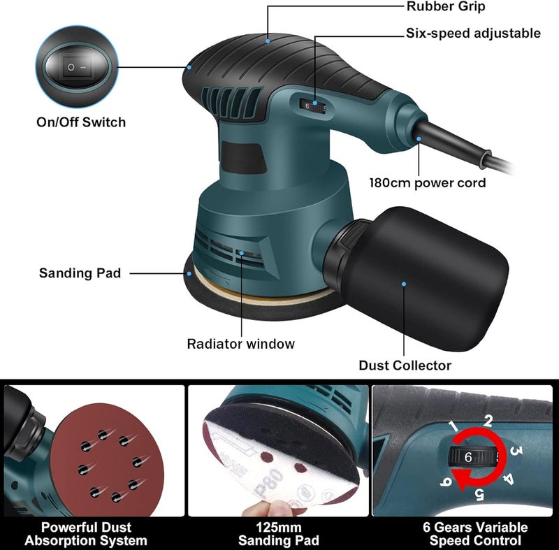 300W 125Mm Random Orbital Sander, 6 Variable Speeds Orbit Sander, Electric Detailing Palm Sander Kit With 10Pcs Sandpapers, Dust Collector, Ideal Power Sander For Woodworking - Image 2