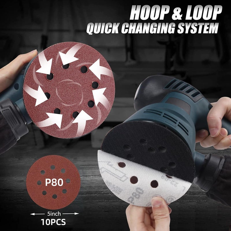 300W 125Mm Random Orbital Sander, 6 Variable Speeds Orbit Sander, Electric Detailing Palm Sander Kit With 10Pcs Sandpapers, Dust Collector, Ideal Power Sander For Woodworking - Image 4