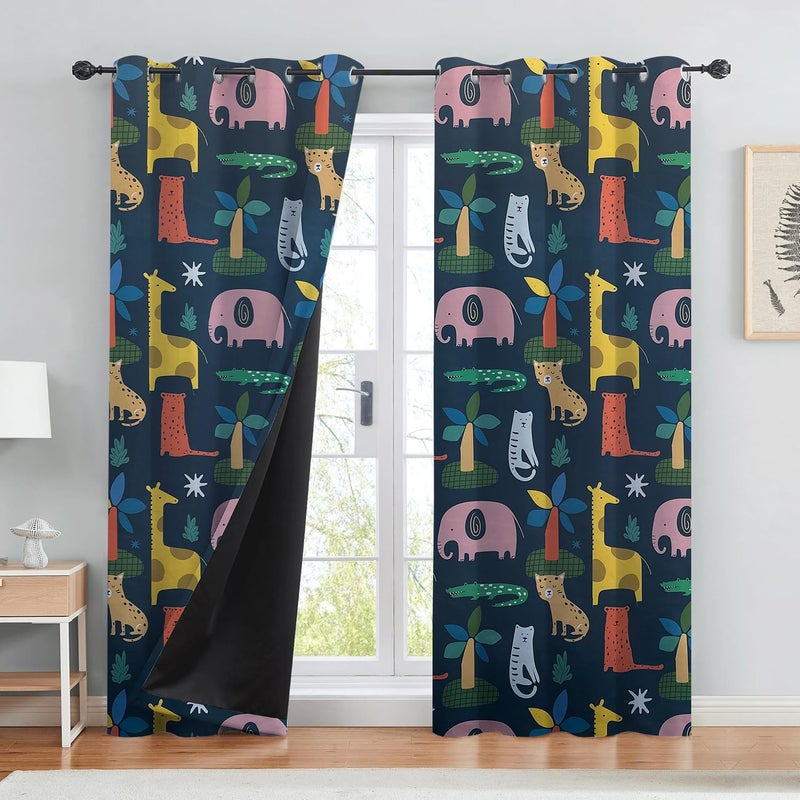 BFAM Kids Blackout Curtains 7 feet Set of 1 – 100% Room Darkening, Thermal Insulated, Noise Reducing, Cute Animal & Rainbow Prints, Eyelet Curtains for Playroom, Bedroom & Nursery, Pack of 1 Curtain - Image 1