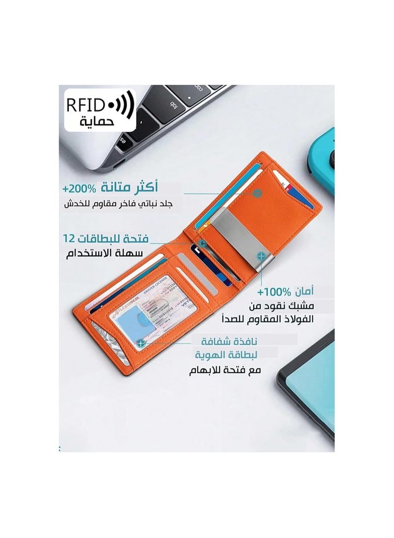 Slim Wallets for Men - Leather Money Clip Mens Wallet - RFID Blocking Front Pocket Bifold Wallet - Thin Credit Card Holder (Orange)