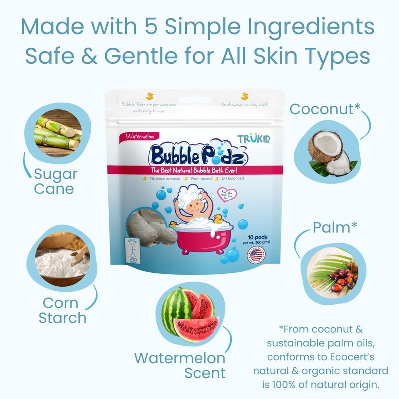 TruKid Bubble Podz Bubble Bath for Baby & Kids, Gentle Refreshing Bath Bomb for Sensitive Skin, pH Balance 7 for Eye Sensitivity, Natural Moisturizers and Ingredients, Watermelon (10 Podz) - Image 5