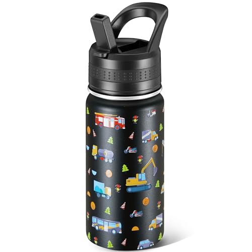 COKTIK 14 Oz Kids Water Bottle, Stainless Steel Water Bottle with Straws, Leak-Proof, BPA-Free, Insulated Water Bottles for School Boys & Girls|Black Car - Image 1