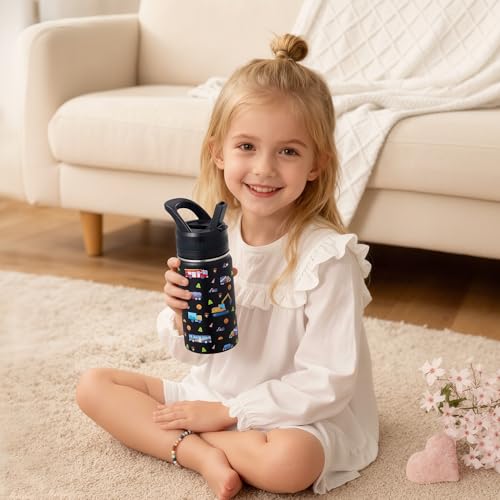 COKTIK 14 Oz Kids Water Bottle, Stainless Steel Water Bottle with Straws, Leak-Proof, BPA-Free, Insulated Water Bottles for School Boys & Girls|Black Car - Image 2
