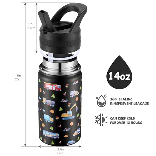 COKTIK 14 Oz Kids Water Bottle, Stainless Steel Water Bottle with Straws, Leak-Proof, BPA-Free, Insulated Water Bottles for School Boys & Girls|Black Car - Image 3