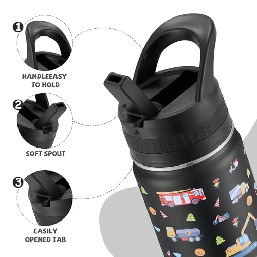 COKTIK 14 Oz Kids Water Bottle, Stainless Steel Water Bottle with Straws, Leak-Proof, BPA-Free, Insulated Water Bottles for School Boys & Girls|Black Car - Image 4