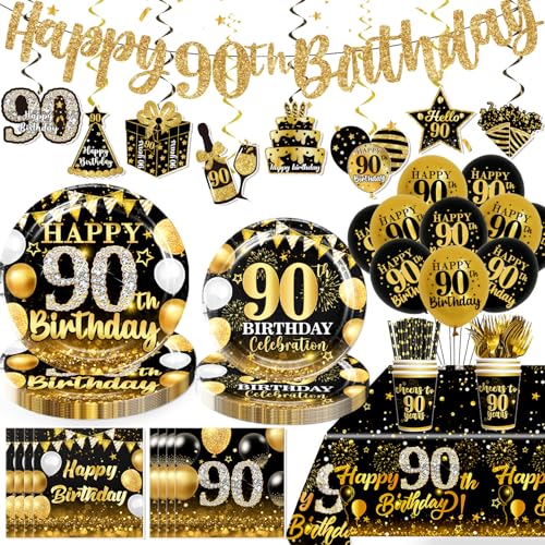 Yingoto 177pcs 90th Birthday Decorations Tableware Set for Men Women Ninety Birthday Decorations with 90th Birthday Plates and Napkins Set Black Gold 90th Banner Hanging Tablecloth Balloon Serves 25 - Image 1