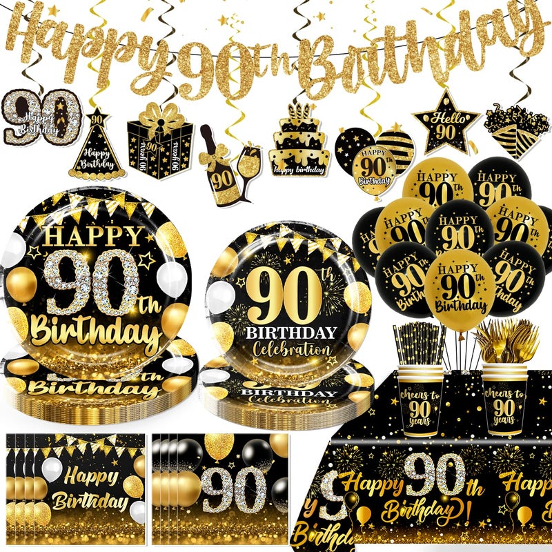 Yingoto 177pcs 90th Birthday Decorations Tableware Set for Men Women Ninety Birthday Decorations with 90th Birthday Plates and Napkins Set Black Gold 90th Banner Hanging Tablecloth Balloon Serves 25 - Image 2
