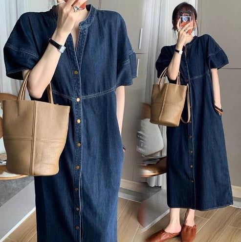 Summer Chic Denim Midi Dress for Pear-Shaped Figures d505-5188 