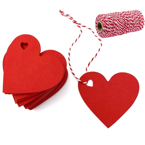 FUGUIR 100 Pcs Red Gift Tags Valentine Heart Shaped Paper Tags Red Heart Cutouts with 300 Feet String for Valentines Day Mothers Day Wedding Party Gift Wrapping Hang Labels - Image 1