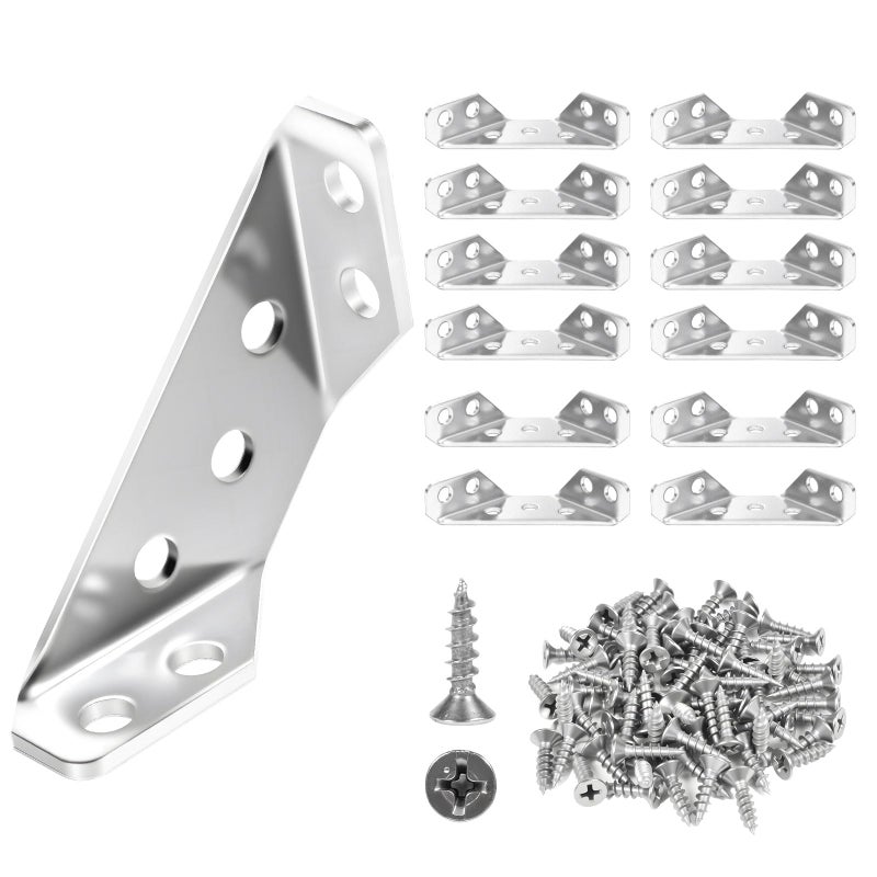 VEESON 12 Pack Universal Stainless Steel Furniture Corner Connectors with Screws â€“ Heavy Duty Triangular Brackets for Wood Furniture, Cabinets, Tables, Chairs, Drawers, and Shelving 84 Screws - Image 1
