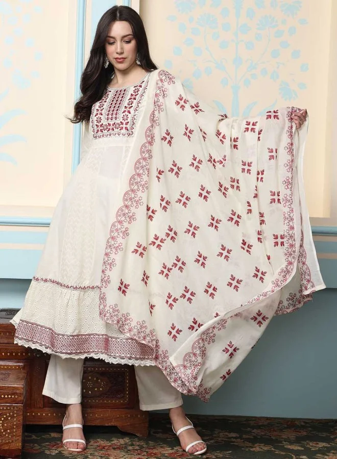 ISHIN Women's Off White 100% Cotton Embroidered Anarkali Kurta Set