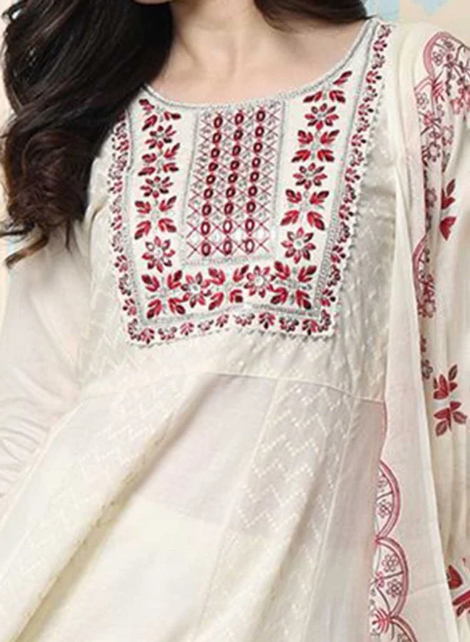ISHIN Women's Off White 100% Cotton Embroidered Anarkali Kurta Set