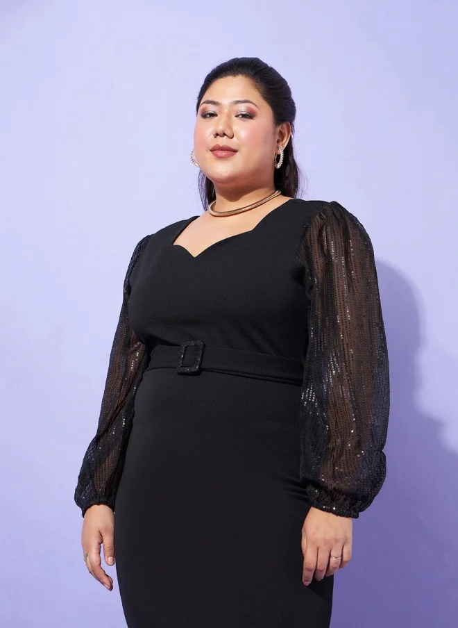 ساسافراس Black Plus Size Puff Sleeve Midi Dress