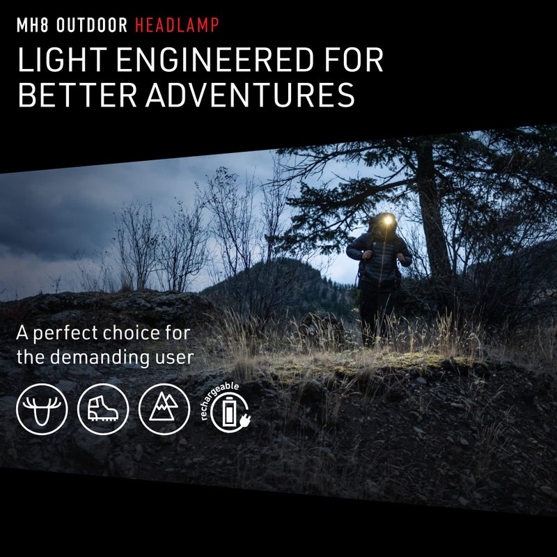 LEDLENSER مصباح رأس LEDlenser MH8 خفيف الوزن قابل لإعادة الشحن مع حزام رأس قابل للإزالة، LED عالي القوة، 600 لومن، ضوء بدون استخدام اليدين للأنشطة الخارجية، التخييم، المشي، الصيد، أسود - Image 2