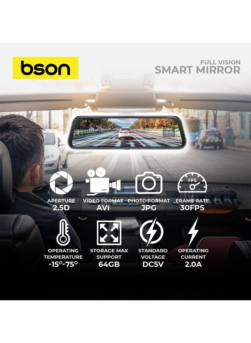 BSON Smart Mirror Dash Cam with 2K Front and 1080P Rear Camera, 10-Inch IPS Full Touch Screen, 64GB Card Included, Night Vision, Loop Recording, G-Sensor, WiFi, Wide Angle Lens - Image 2