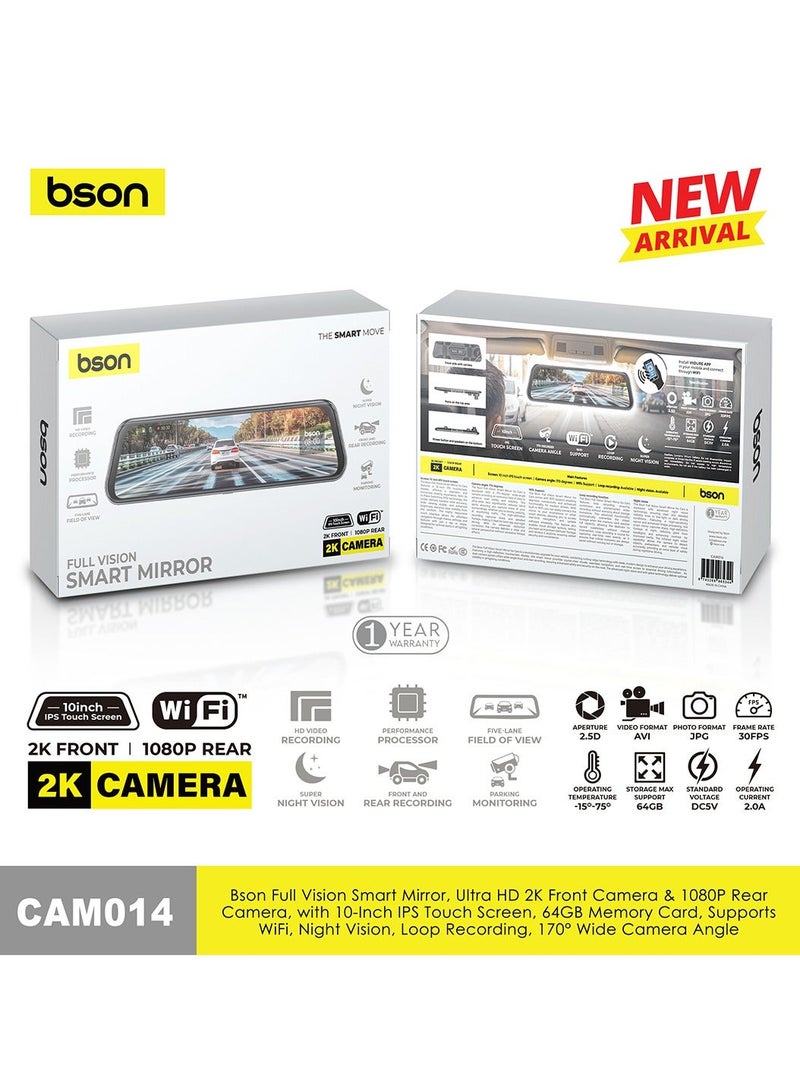 BSON Smart Mirror Dash Cam with 2K Front and 1080P Rear Camera, 10-Inch IPS Full Touch Screen, 64GB Card Included, Night Vision, Loop Recording, G-Sensor, WiFi, Wide Angle Lens - Image 5