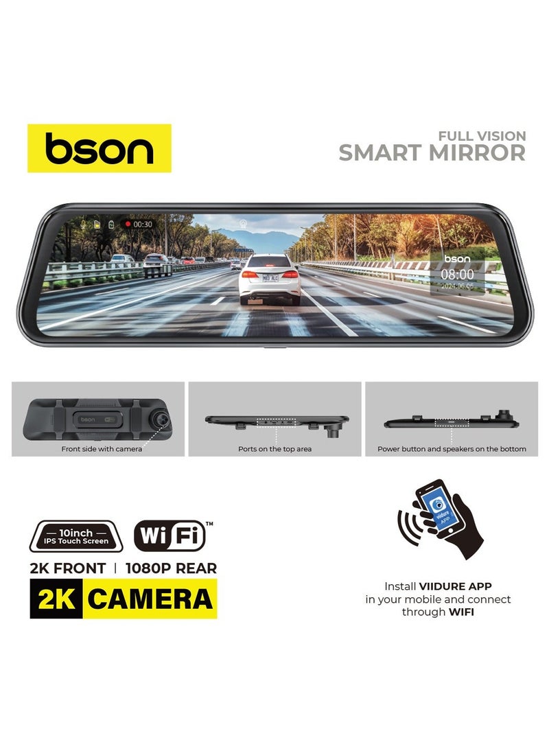 BSON Smart Mirror Dash Cam with 2K Front and 1080P Rear Camera, 10-Inch IPS Full Touch Screen, 64GB Card Included, Night Vision, Loop Recording, G-Sensor, WiFi, Wide Angle Lens - Image 3