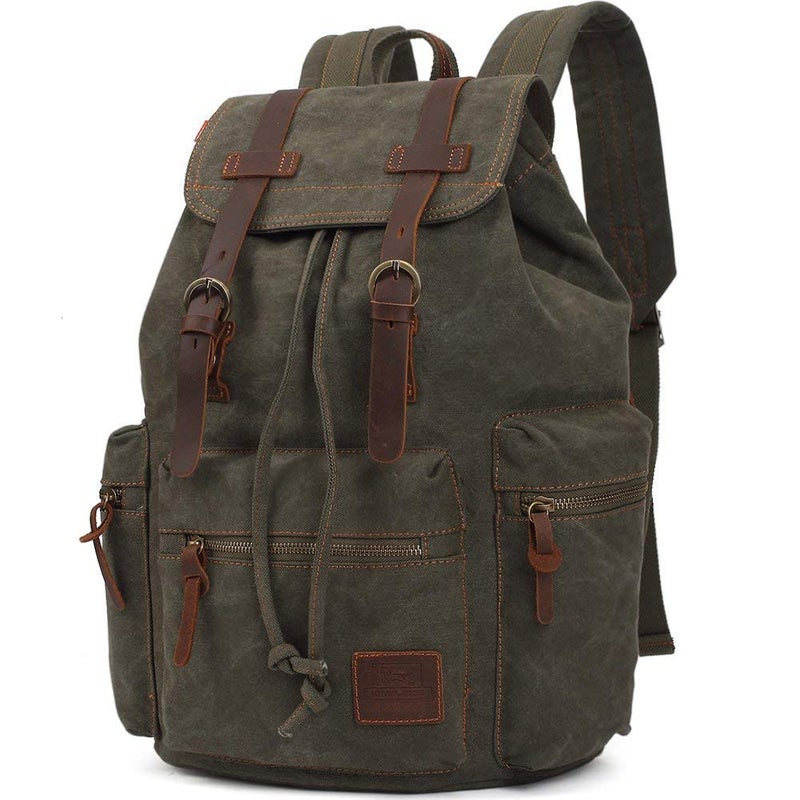 KAUKKO Vintage Casual Canvas and Leather Rucksack Backpack - Image 2