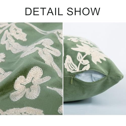 RinRinfam Floral Block Embroidered Faux Fur Pillow Cover 18x18, Boho Floral Herons Decorative Soft Fluffy Pillow Cushion Case,Modern Home Decor for Outdoor Couch Bedroom Car Green - Image 2