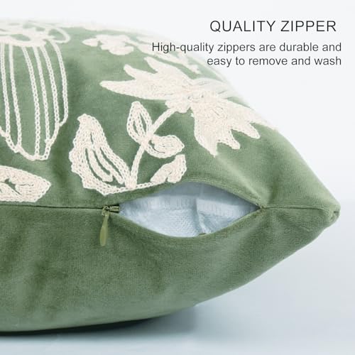 RinRinfam Floral Block Embroidered Faux Fur Pillow Cover 18x18, Boho Floral Herons Decorative Soft Fluffy Pillow Cushion Case,Modern Home Decor for Outdoor Couch Bedroom Car Green - Image 4