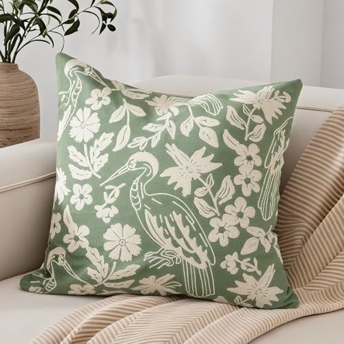 RinRinfam Floral Block Embroidered Faux Fur Pillow Cover 18x18, Boho Floral Herons Decorative Soft Fluffy Pillow Cushion Case,Modern Home Decor for Outdoor Couch Bedroom Car Green - Image 1