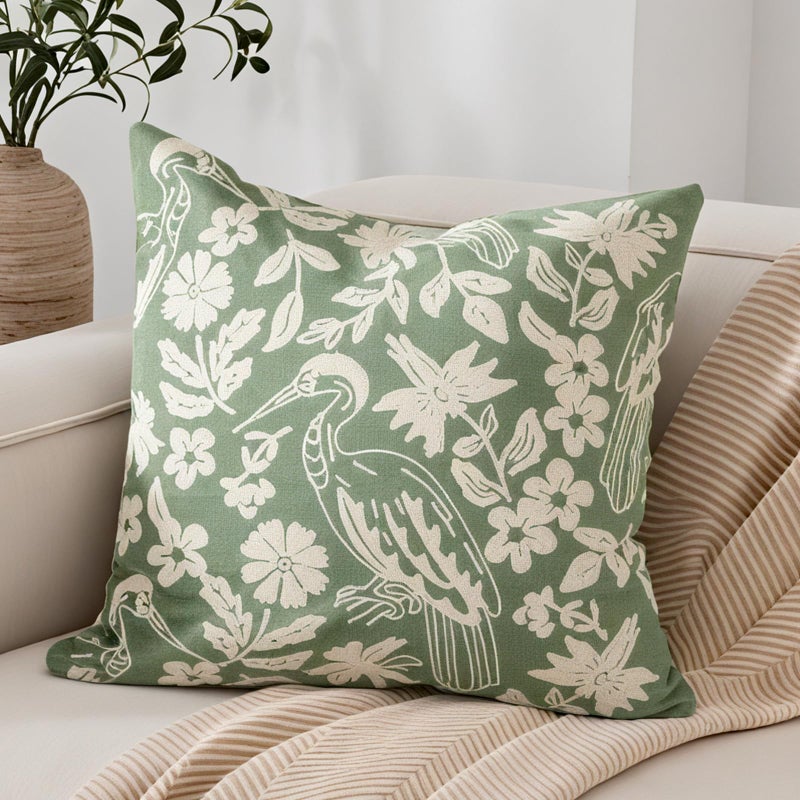 RinRinfam Floral Block Embroidered Faux Fur Pillow Cover 18x18, Boho Floral Herons Decorative Soft Fluffy Pillow Cushion Case,Modern Home Decor for Outdoor Couch Bedroom Car Green - Image 5
