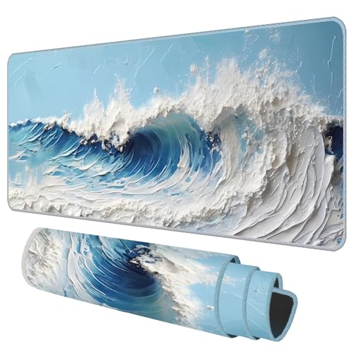 Galdas Gaming Mouse Pad XXL XL Large Long Extended Big Mousepad Non-Slip Rubber Keyboard Desk Pad with Stitched Edges for Laptop Home Office (31.5x11.8x0.08 Inch) … (Painting Waves) - Image 2