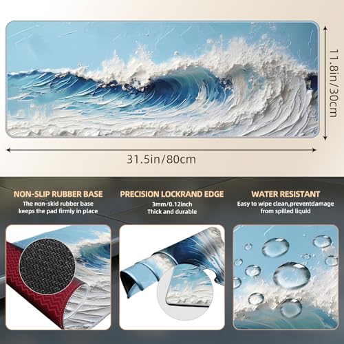 Galdas Gaming Mouse Pad XXL XL Large Long Extended Big Mousepad Non-Slip Rubber Keyboard Desk Pad with Stitched Edges for Laptop Home Office (31.5x11.8x0.08 Inch) … (Painting Waves) - Image 3