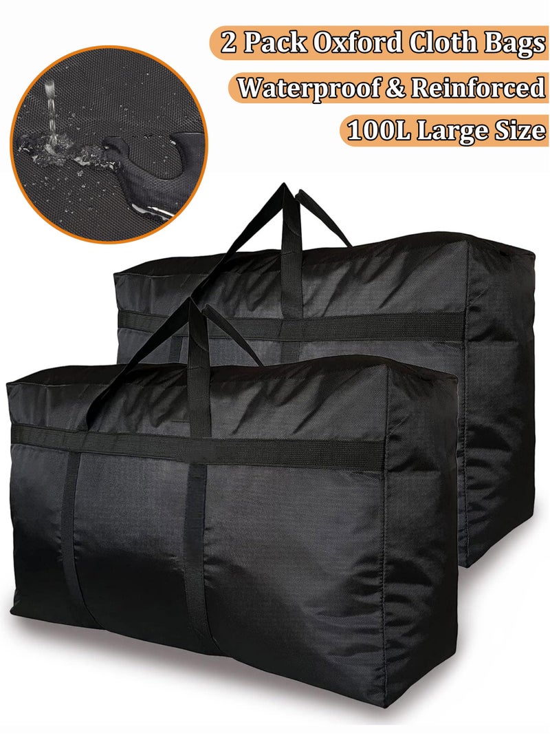 2 PCS Extra Large Moving Bags with Strong Zippers & Carrying Handles, Storage Totes for Clothes, Storage Bags for Blanket, Space Saving, Oversized Storage Bag Organizer for Moving, Traveling, Black - Image 1