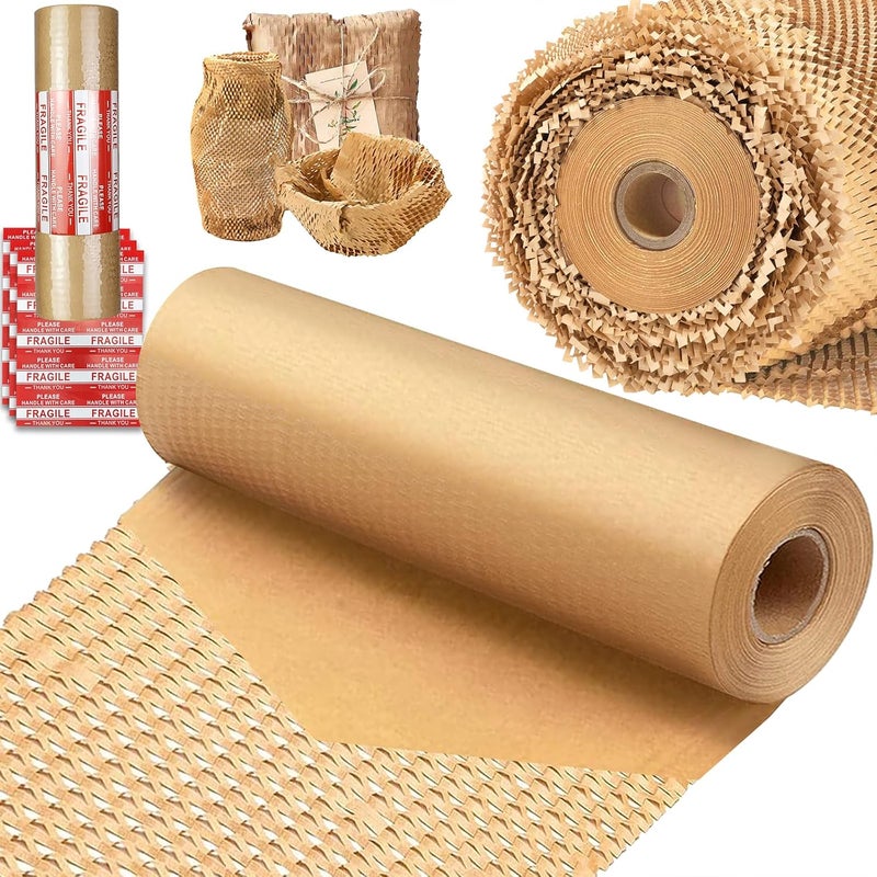 HOOPLE Honeycomb Packing Paper, Packing Paper for Moving, Alternative Bubble Cushion Wrap, Biodegradable Moving Supplies Bubble Packing Wrap Protective Roll With 30 Fragile Stickers. (khaki 15"x164') - Image 1